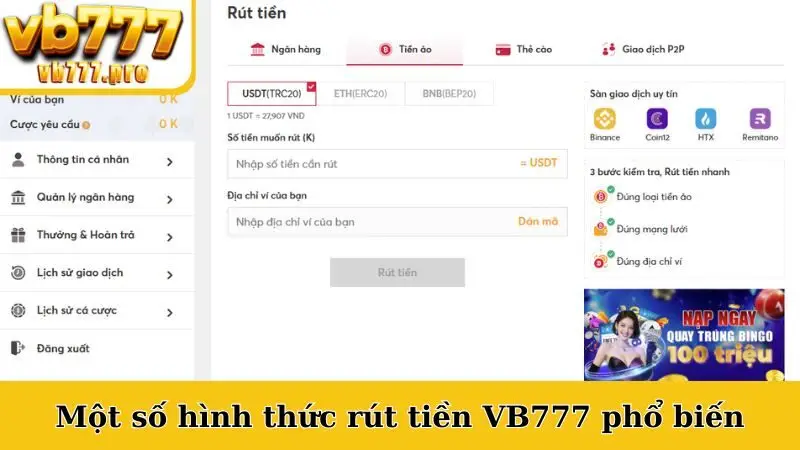 Một số hình thức rút tiền VB777 phổ biến